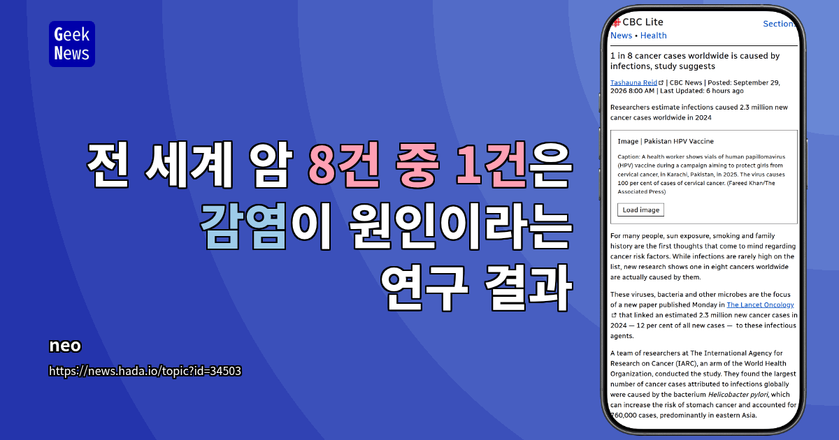 전 세계 암 8건 중 1건은 감염이 원인이라는 연구 결과