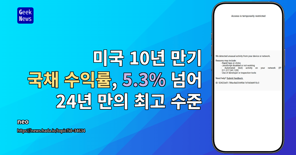 미국 10년 만기 국채 수익률, 5.3% 넘어 24년 만의 최고 수준