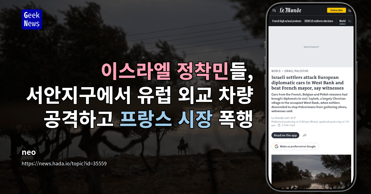 이스라엘 정착민들, 서안지구에서 유럽 외교 차량 공격하고 프랑스 시장 폭행