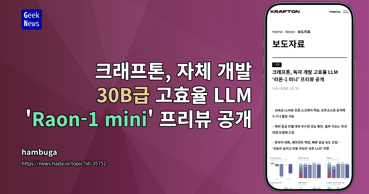 크래프톤, 자체 개발 30B급 고효율 LLM 'Raon-1 mini' 프리뷰 공개