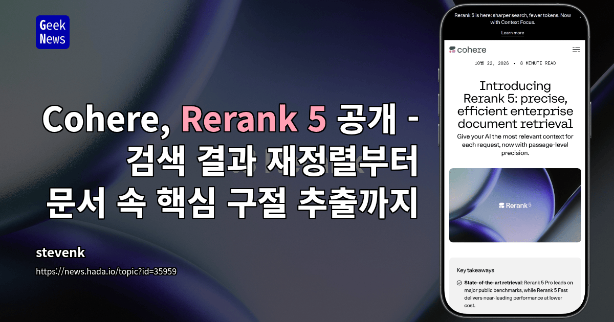 Cohere, Rerank 5 공개 - 검색 결과 재정렬부터 문서 속 핵심 구절 추출까지