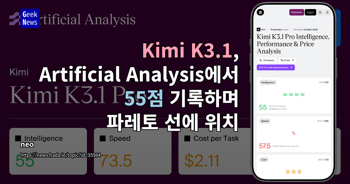 Kimi K3.1, Artificial Analysis에서 55점 기록하며 파레토 선에 위치