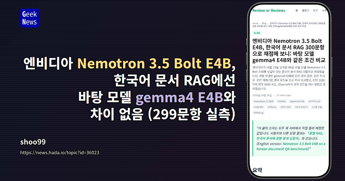 엔비디아 Nemotron 3.5 Bolt E4B, 한국어 문서 RAG에선 바탕 모델 gemma4 E4B와 차이 없음 (299문항 실측)