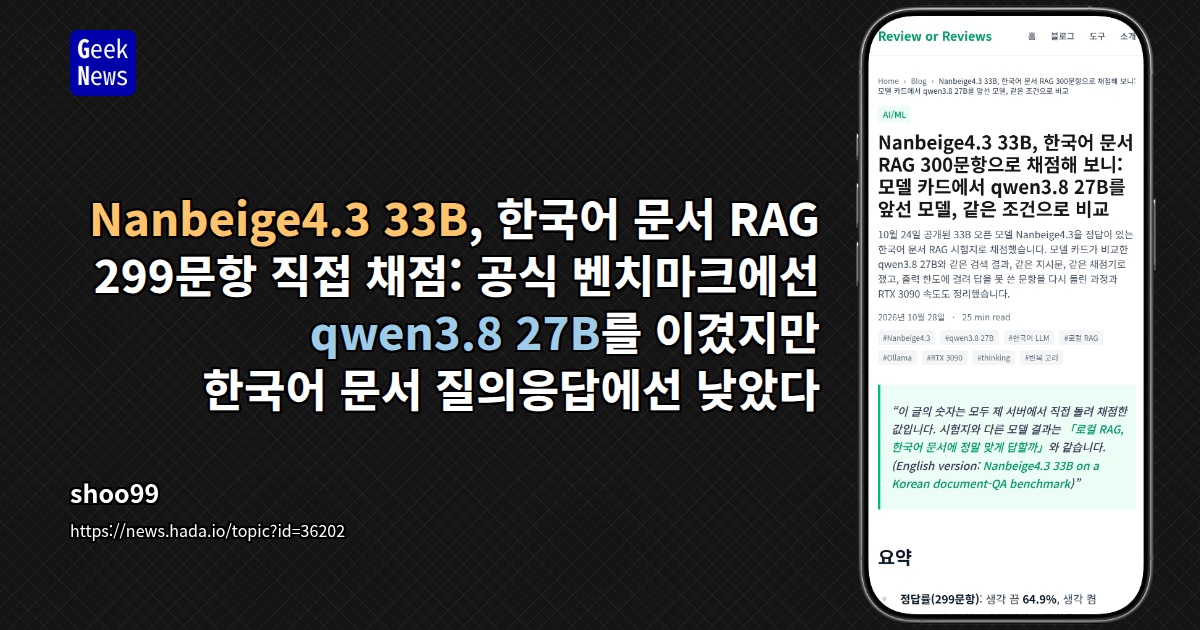 Nanbeige4.3 33B, 한국어 문서 RAG 299문항 직접 채점: 공식 벤치마크에선 qwen3.8 27B를 이겼지만 한국...