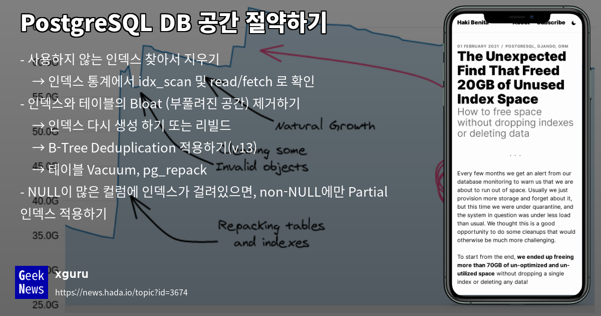 PostgreSQL DB 공간 절약하기 | GeekNews